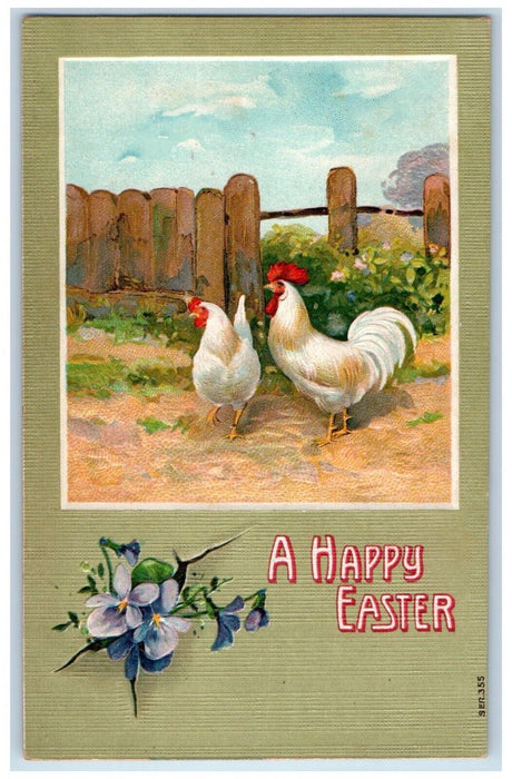 c1910's Happy Easter Chicken Hen Flowers Embossed Posted Antique Postcard