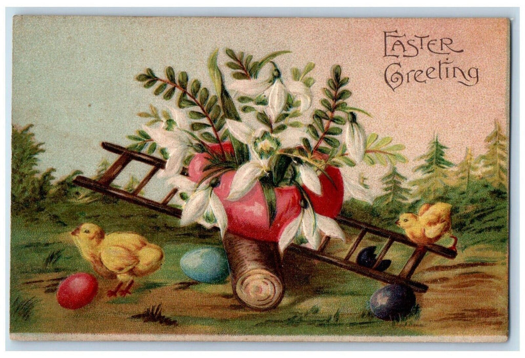 c1910's Easter Greetings Chicks Eggs Flowers Log Ladder Embossed Posted Postcard