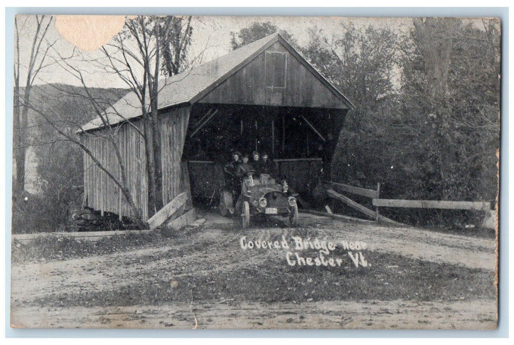 1910 Covered Bridge Classic Car Near Chester Vermont VT Antique Vintage Postcard