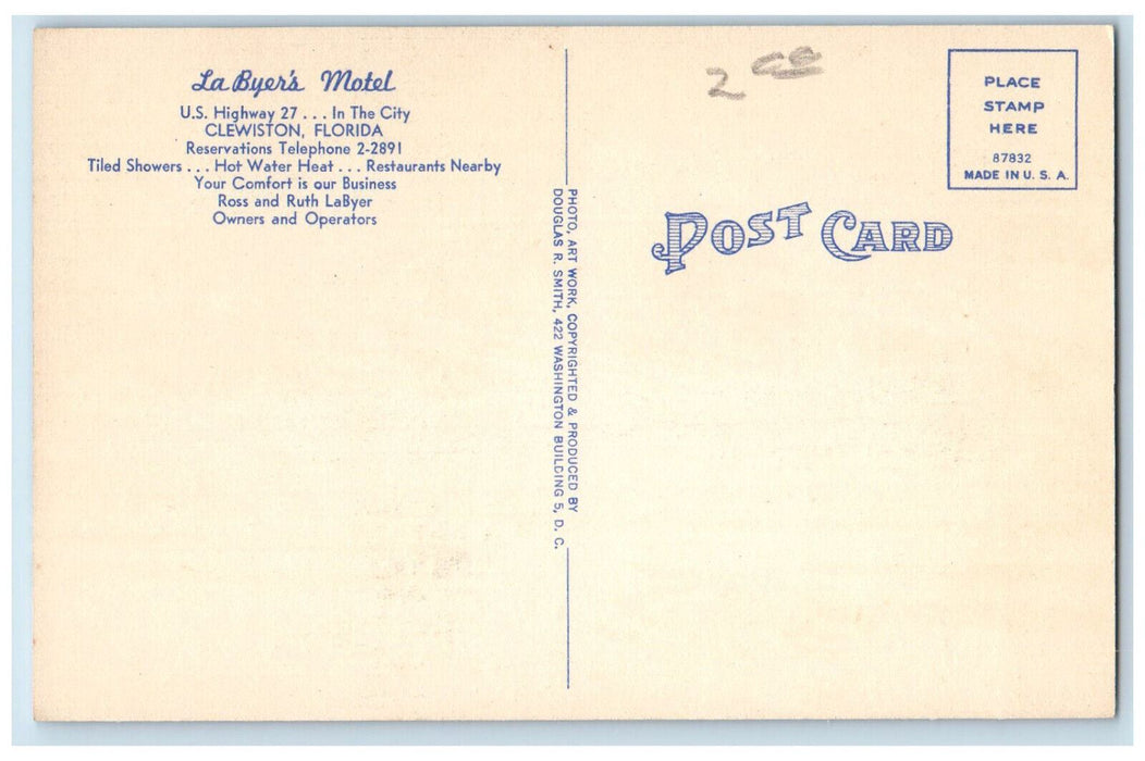 View Of La Byer's Motel U.S Highway 27 In The City Clewiston Florida FL Postcard