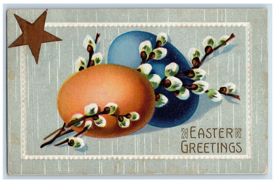 c1910's Easter Greetings Eggs Pipe Berry Star Embossed Posted Antique Postcard