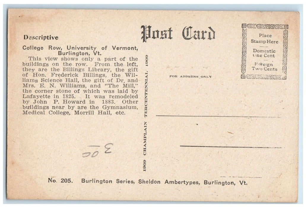 c1940 College Row University Vermont Burlington Vermont Vintage Antique Postcard