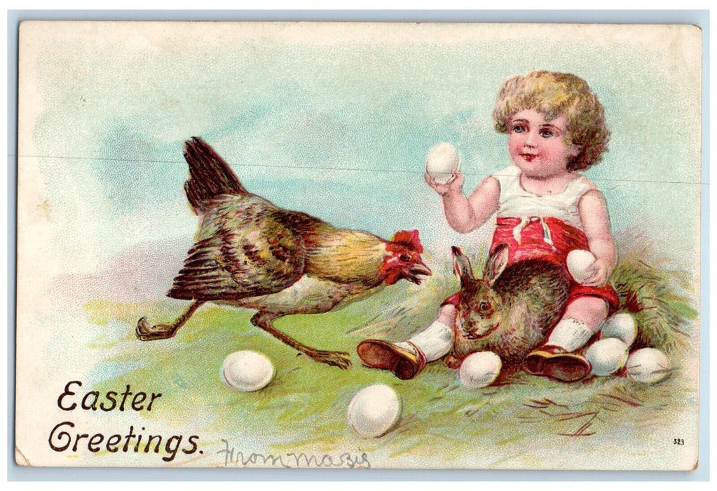 c1910's Easter Greetings Eggs Chicken Rabbit Embossed Posted Antique Postcard