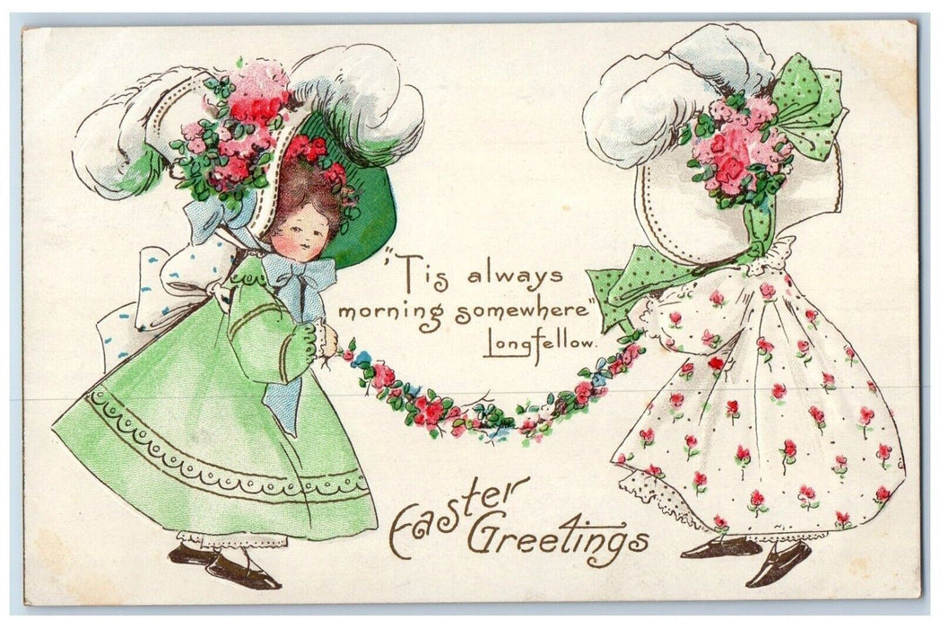 c1910's Easter Greetings Girls Big Hat Flowers Longfellow Embossed Postcard