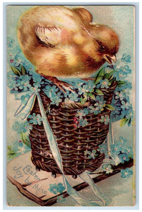 1907 Easter Chick On Top Of Basket Pansies Flowers Clapsaddle Embossed Postcard