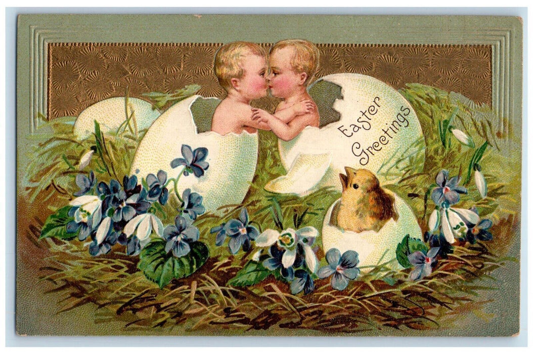 c1910's Easter Greetings Hatched Eggs Babies Kissing Chick Flowers Postcard