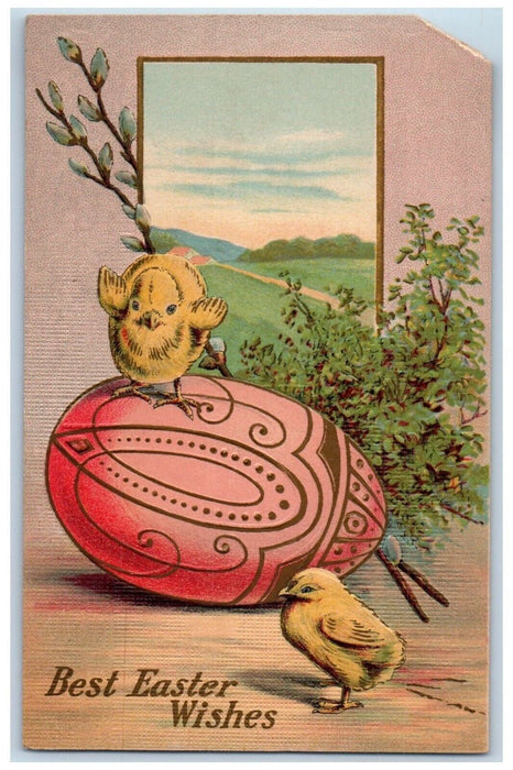 1911 Easter Wishes Egg Chicks Pipe Berry Embossed Columbia PA Antique Postcard