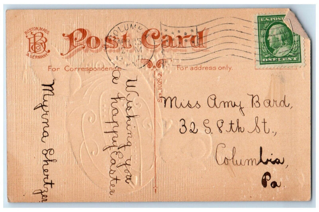 1911 Easter Wishes Egg Chicks Pipe Berry Embossed Columbia PA Antique Postcard