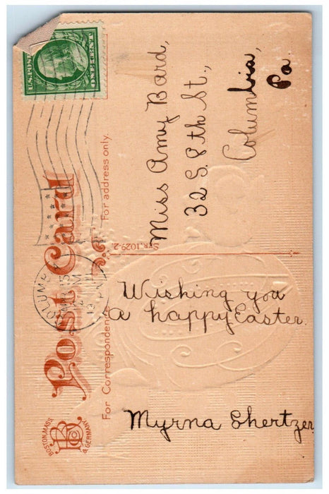 1911 Easter Wishes Egg Chicks Pipe Berry Embossed Columbia PA Antique Postcard