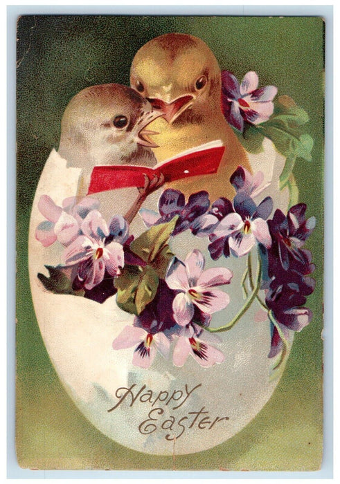 1908 Easter Hatched Egg Chicks Singing Pansies Flowers Embossed Antique Postcard