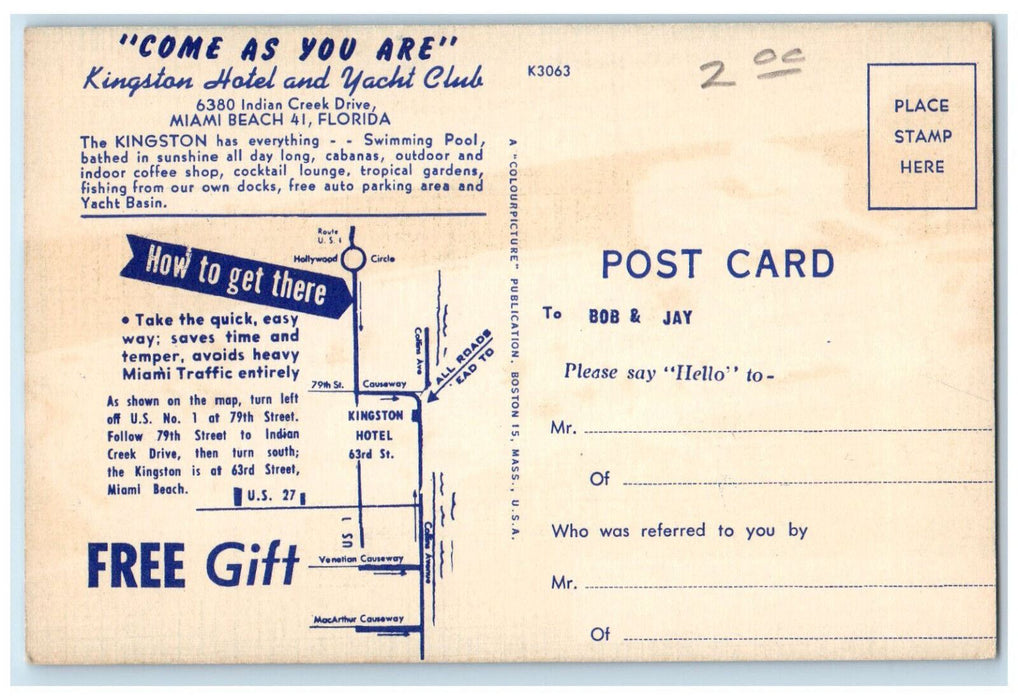 Kingston Hotel And Yacht Club Miami Beach Florida FL Maps Direction Postcard