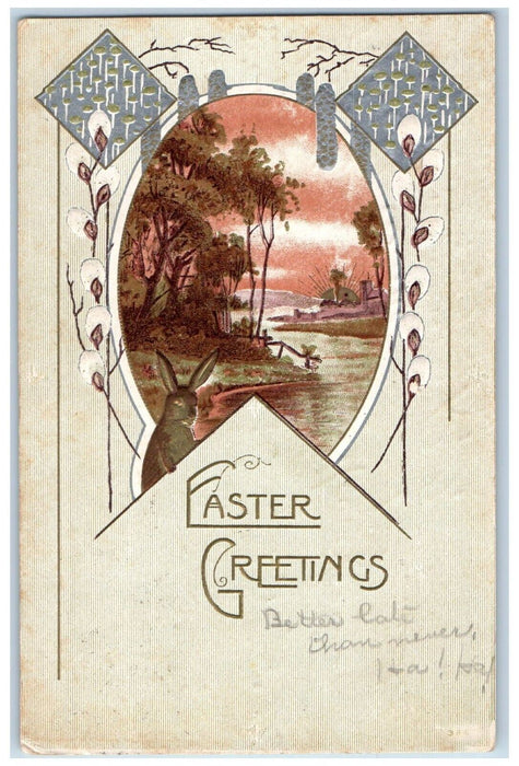 1910 Easter Greetings Rabbit Cattail Pipe Berry Art Nouveau Embossed Postcard