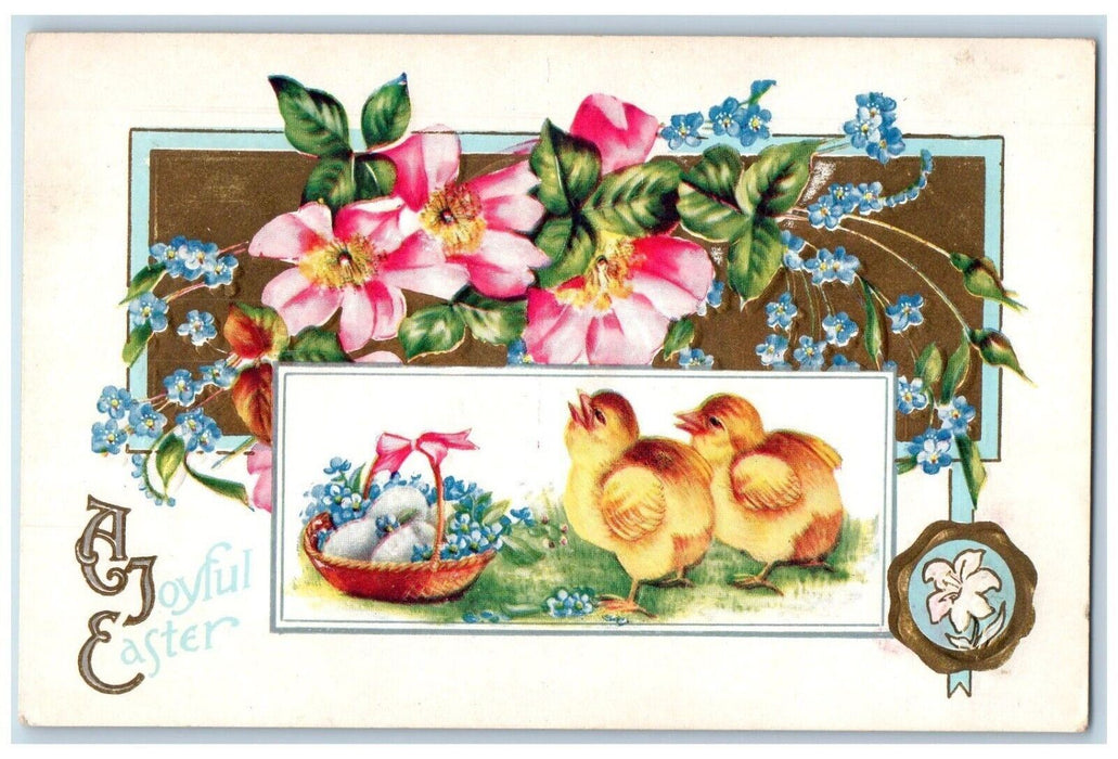 c1910's Easter Eggs In Basket Chicks Pansies Flowers Embossed Antique Postcard