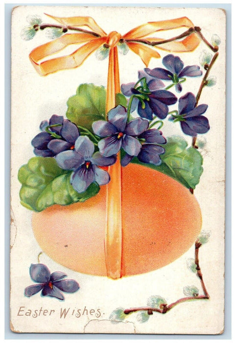 1907 Easter Wishes Hanging Egg Pansies Flowers Embossed Tuck's Antique Postcard