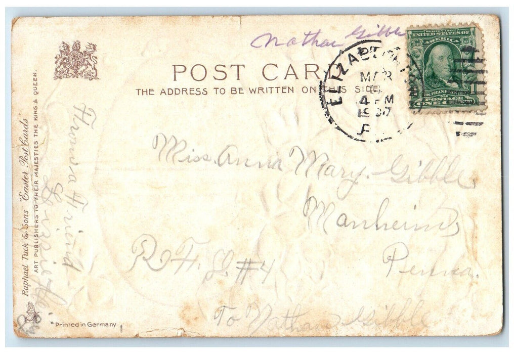 1907 Easter Wishes Hanging Egg Pansies Flowers Embossed Tuck's Antique Postcard