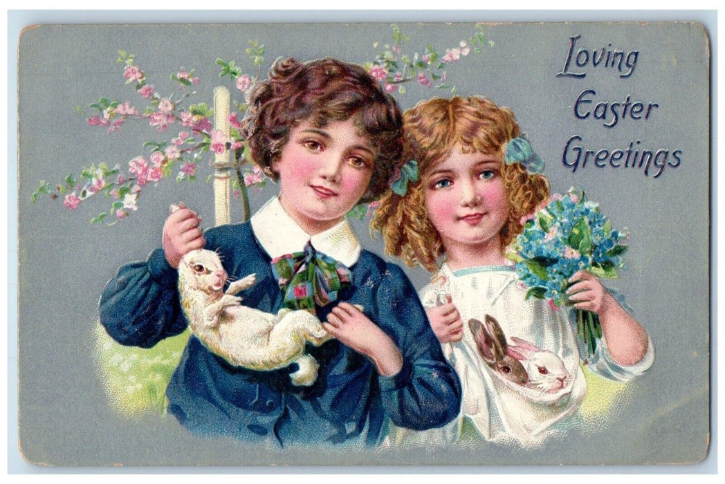 Easter Greetings Children Cached Bunnies Rabbit Pansies Flowers Tuck's Postcard