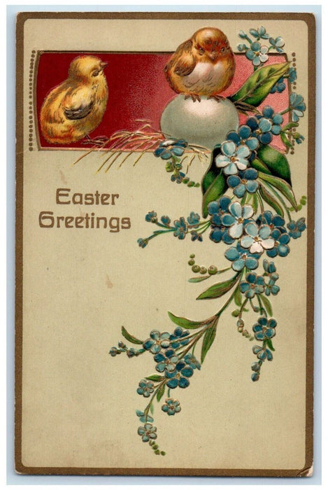 c1910's Easter Greetings Chicks Egg Pansies Flowers Embossed Antique Postcard