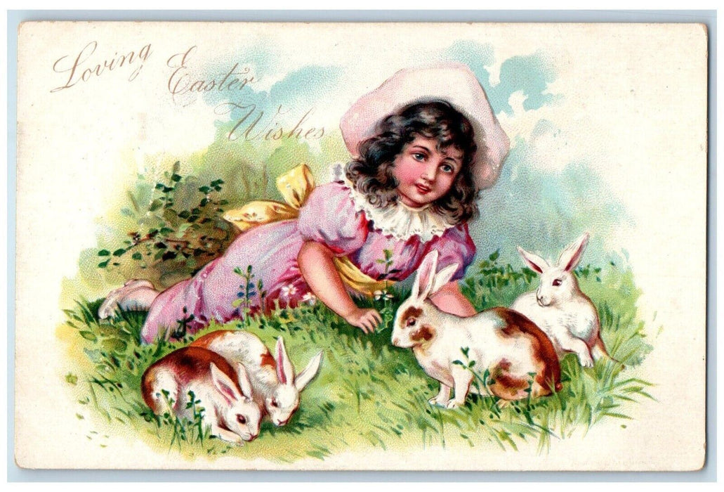 c1905 Easter Wishes Girl Flowers Bunnies Rabbit Embossed Tuck's Antique Postcard