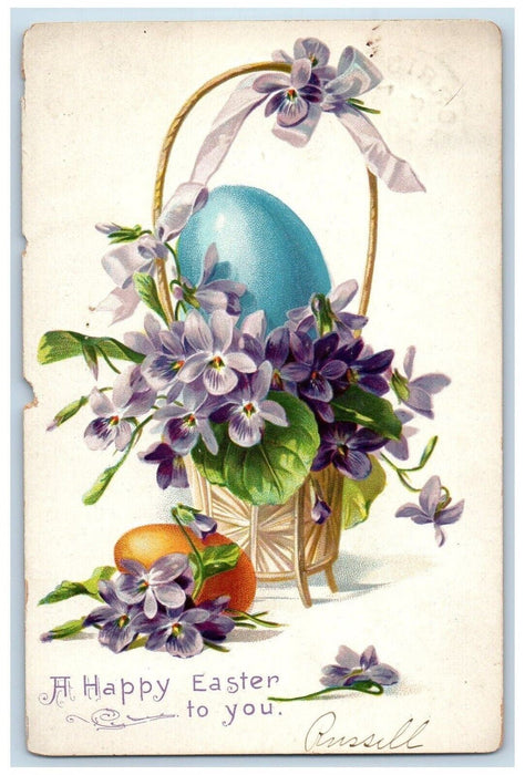 c1905 Easter Eggs In Basket Purple Flowers Embossed Tuck's Antique Postcard