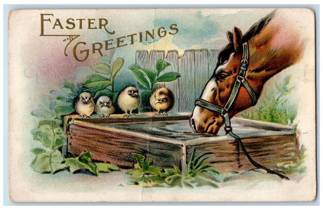 c1910's Easter Greetings Chicks Horse Drinking Water Embossed Antique Postcard