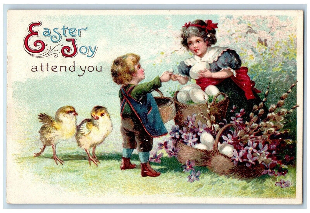 c1910's Easter Joy Chicks Eggs And Flowers In Basket Embossed Antique Postcard