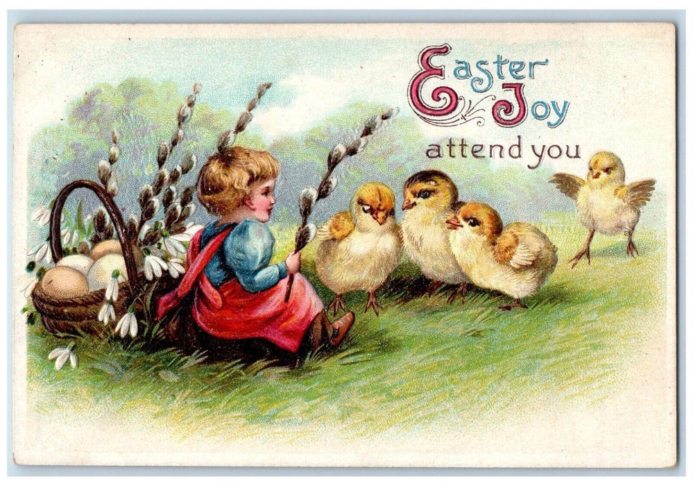c1910's Easter Eggs In Basket Chicks Pipe Berry Flowers Embossed Postcard