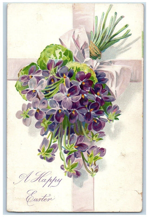c1905 Happy Easter Holy Cross Purple Flowers Embossed Tuck's Antique Postcard