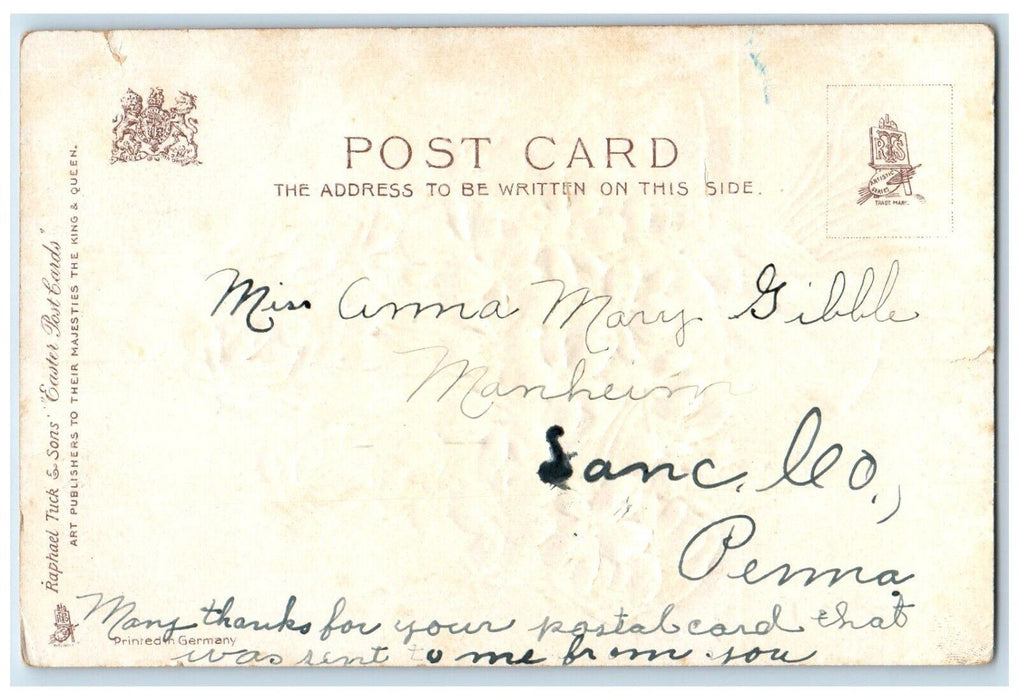 c1905 Happy Easter Holy Cross Purple Flowers Embossed Tuck's Antique Postcard