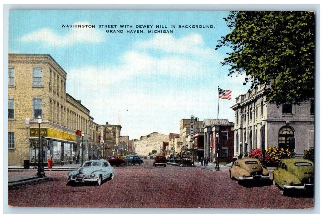 c1940's Washington Street with Dewey Hill In Background Grand Haven MI Postcard