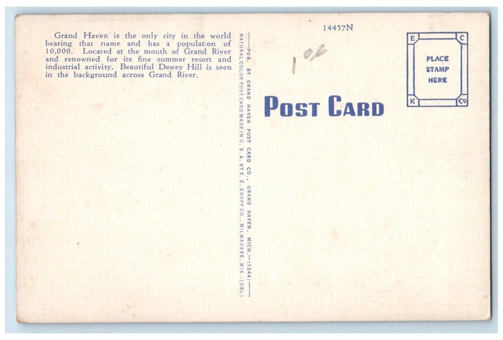 c1940's Washington Street with Dewey Hill In Background Grand Haven MI Postcard