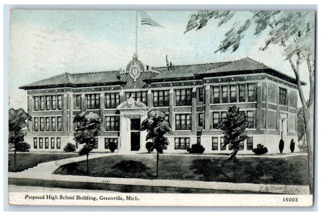 1911 Proposed High School Building Greenville Michigan MI Antique Postcard