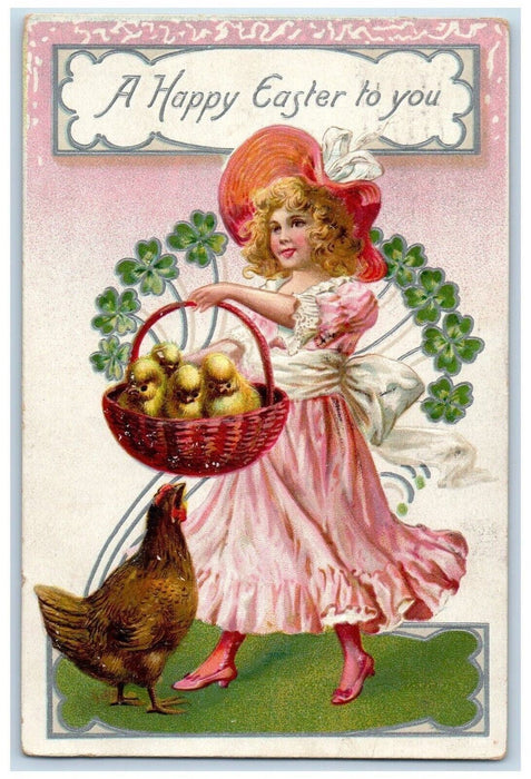 1910 Happy Easter Girl Chicks In Basket Chicken Hen Shamrock Tuck's Postcard