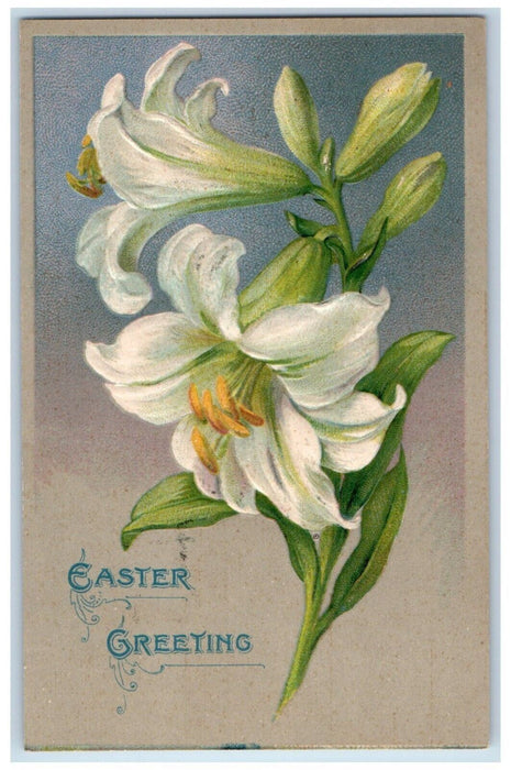 c1910's Easter Greetings White Lilies Flowers Embossed Nash Antique Postcard