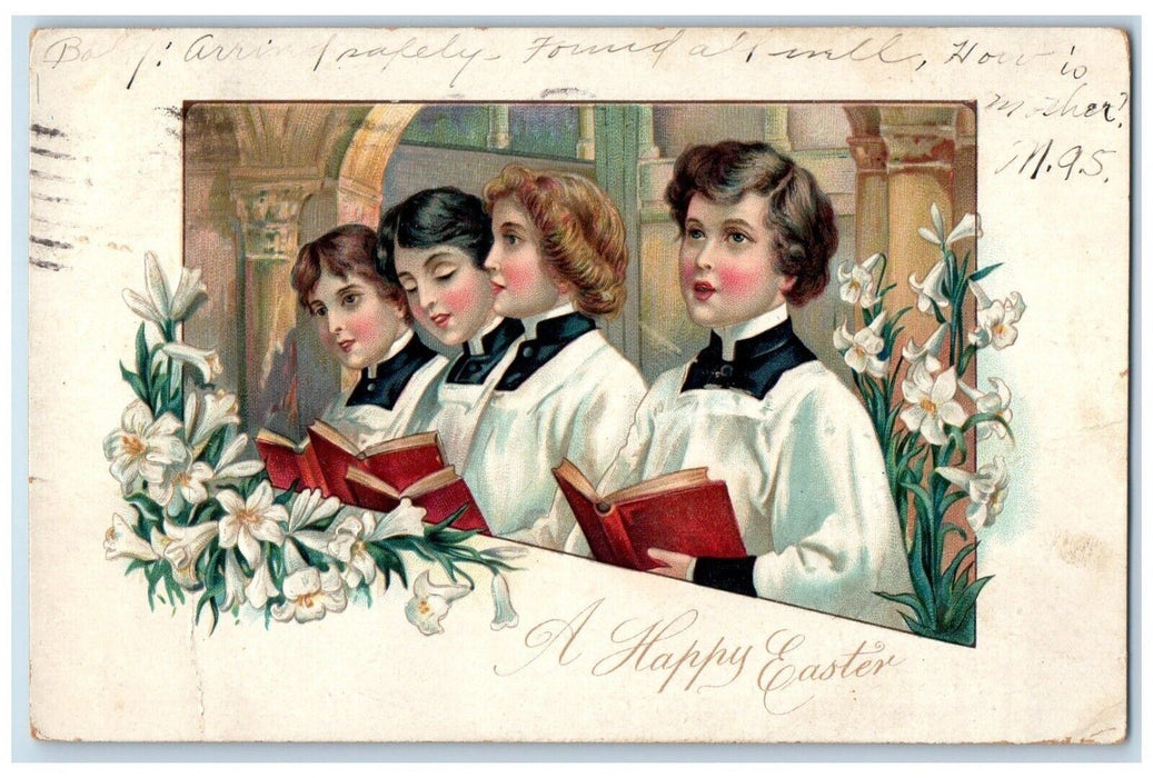 1907 Happy Easter Choir Lilies Flowers Embossed North Adam MA Tuck's Postcard