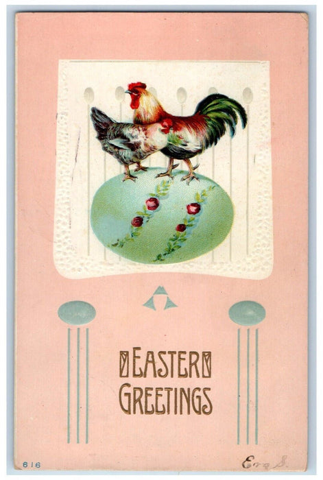 Easter Greetings Chicken Rooster On Top Of Egg Art Nouveau Embossed Postcard