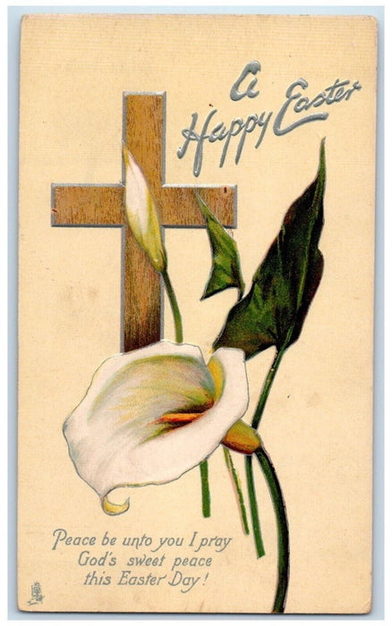 c1910's Happy Easter Holy Cross White Flowers Embossed Tuck's Antique Postcard