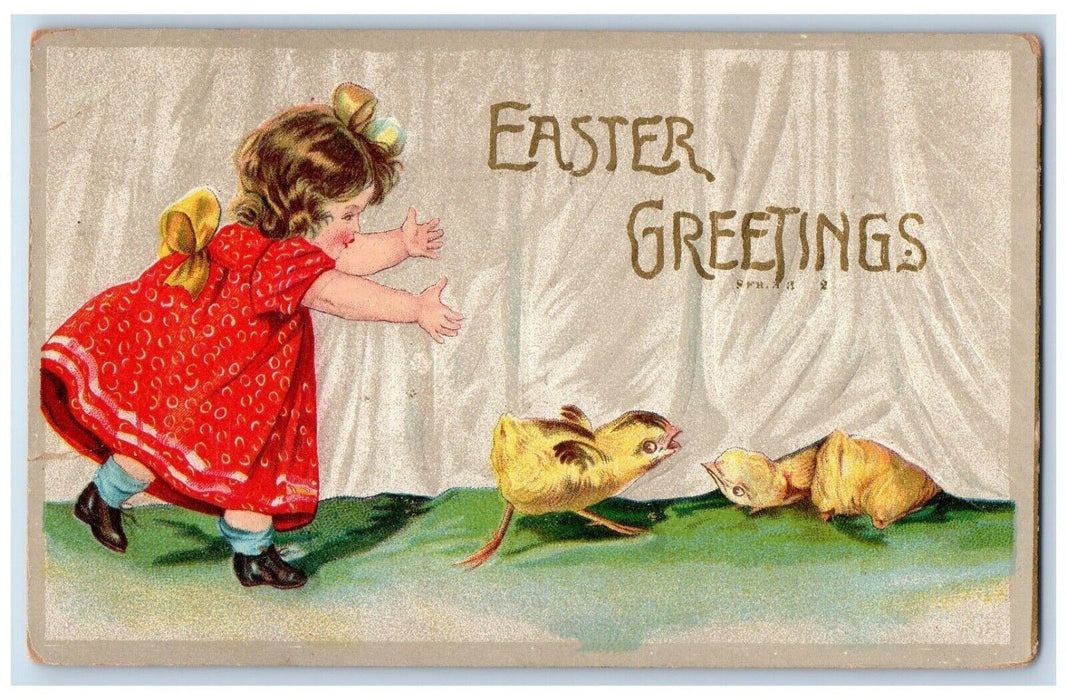 1910 Easter Greetings Little Girl Chasing Chicks Embossed Boston MA Postcard