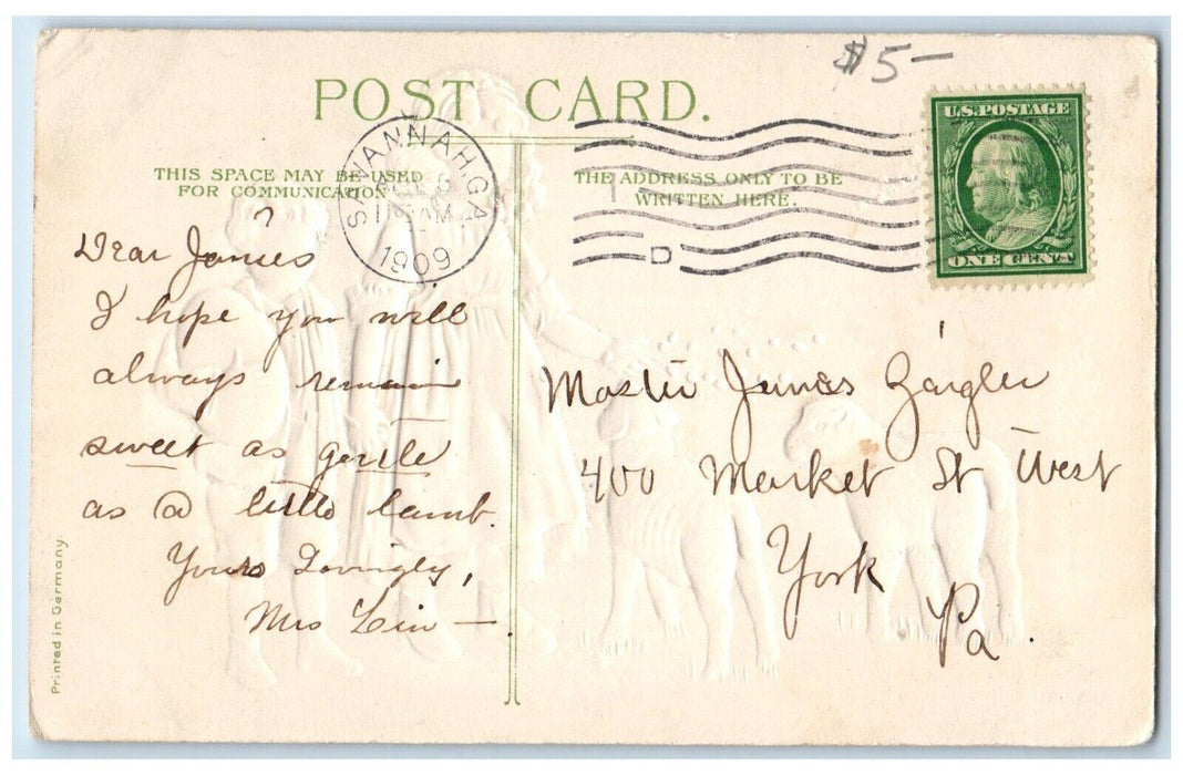1909 Easter Children And Lamb Pipe Berry Embossed Savannah Georgia GA Postcard