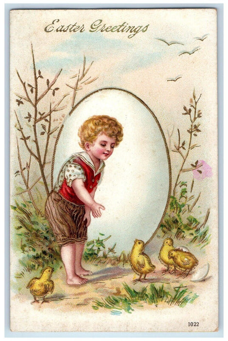 c1910's Easter Greetings Giant Egg Boy Caching Chicks Embossed Antique Postcard