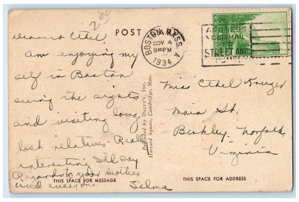 1934 Business Section Harvard Square Cambridge Massachusetts MA Antique Postcard
