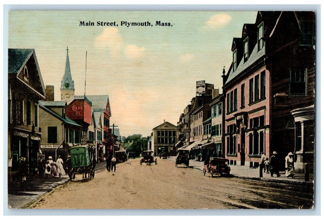 1910 Main Street Classic Cars Plymouth Massachusetts MA Antique Vintage Postcard