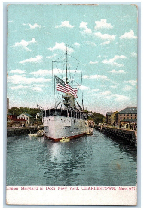 c1905 Cruiser Maryland Dock Navy Yard Charlestown Massachusetts Vintage Postcard
