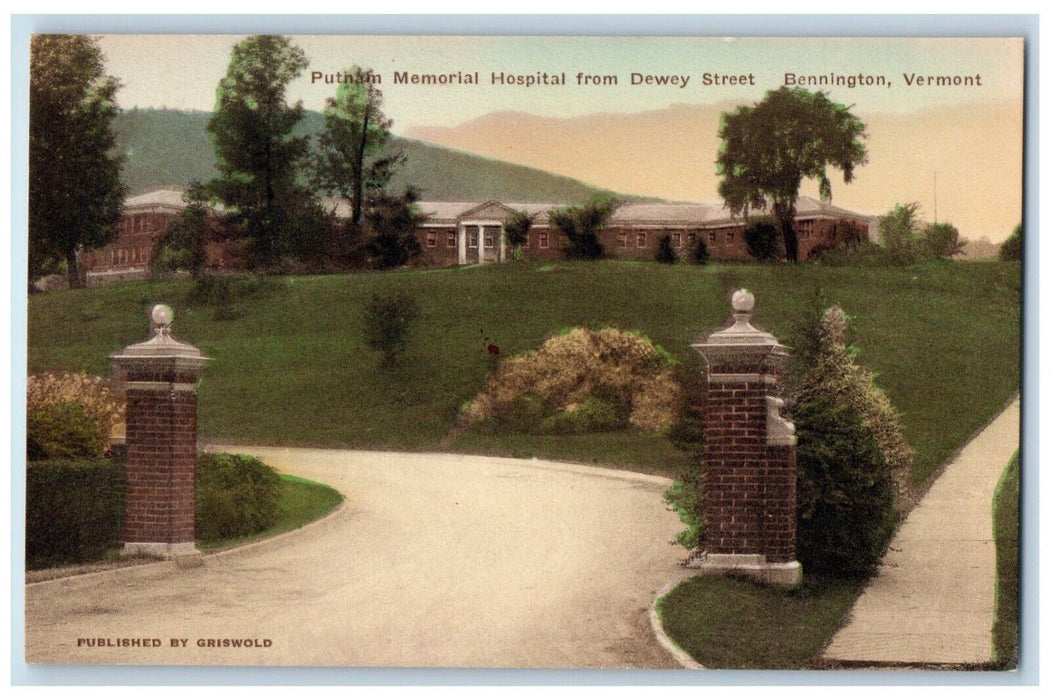 c1940 Putnam Memorial Hospital Dewey Street Bennington Vermont Antique Postcard