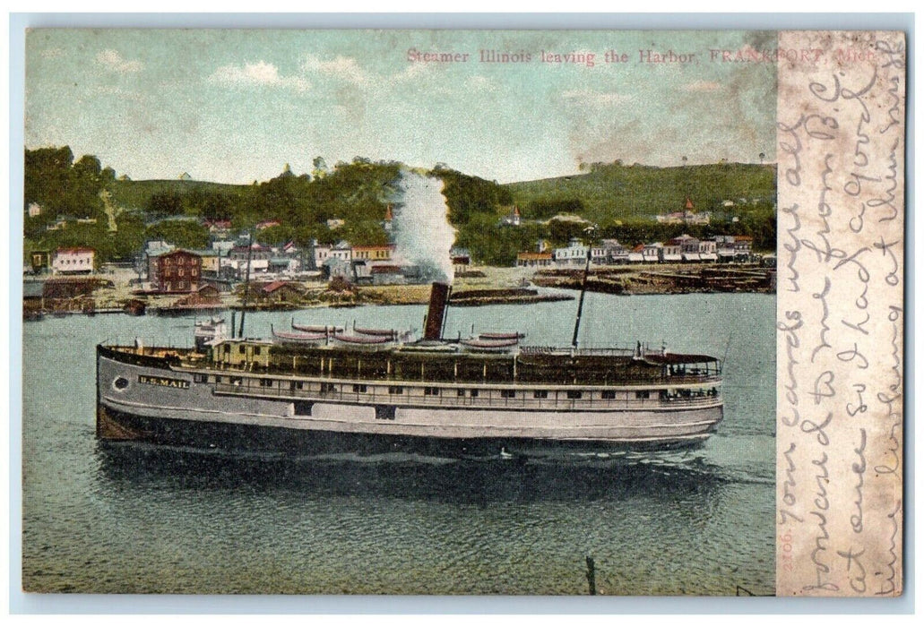 c1905 Steamer Illinois Leaving Harbor Cruise Ship Frankport Michigan MI Postcard