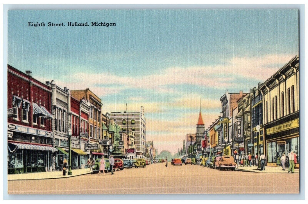 c1940 Eight Street Store Exterior Building Classic Car Holland Michigan Postcard