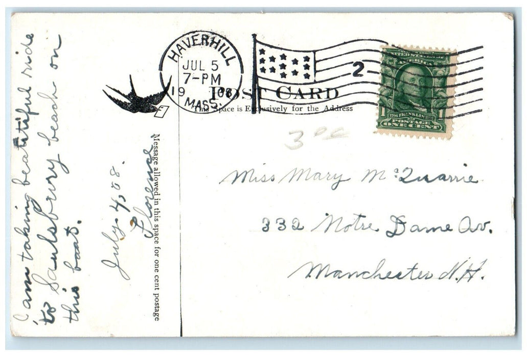 1908 Steamer Merrimac Leaving Black Rocks Haverhill Massachusetts MA Postcard