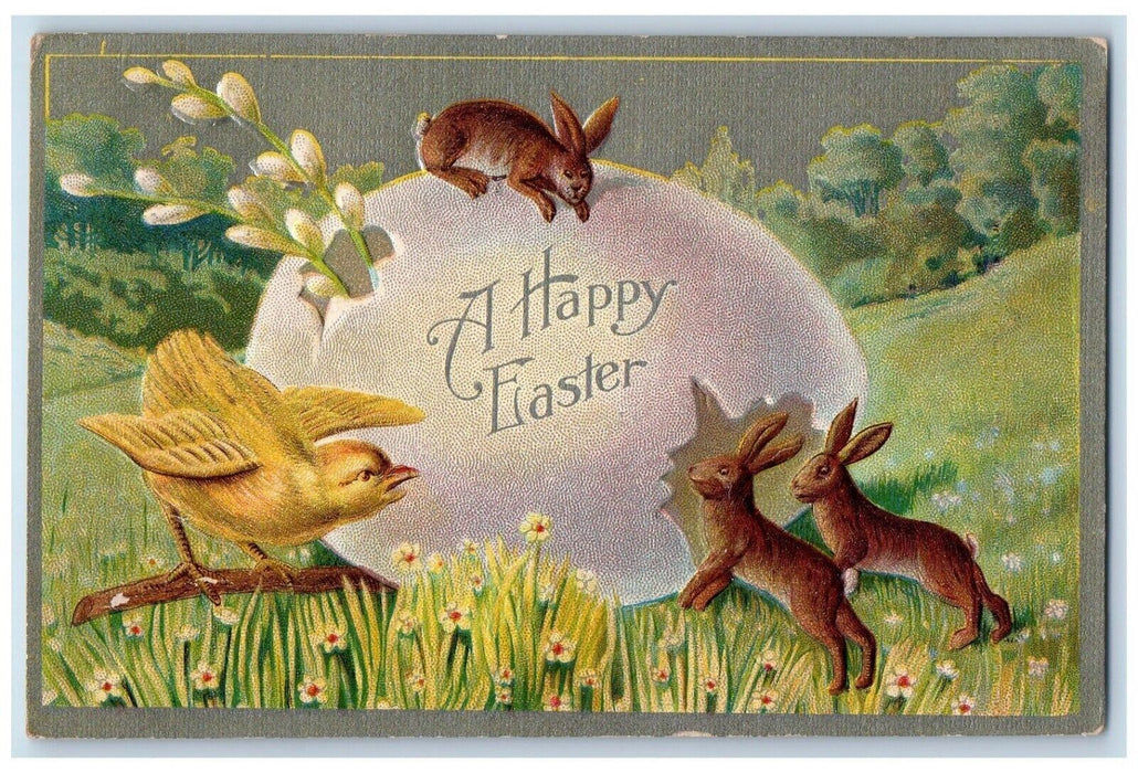 1910 Happy Easter Giant Hatched Egg Bunnies Rabbit Chick Embossed Postcard