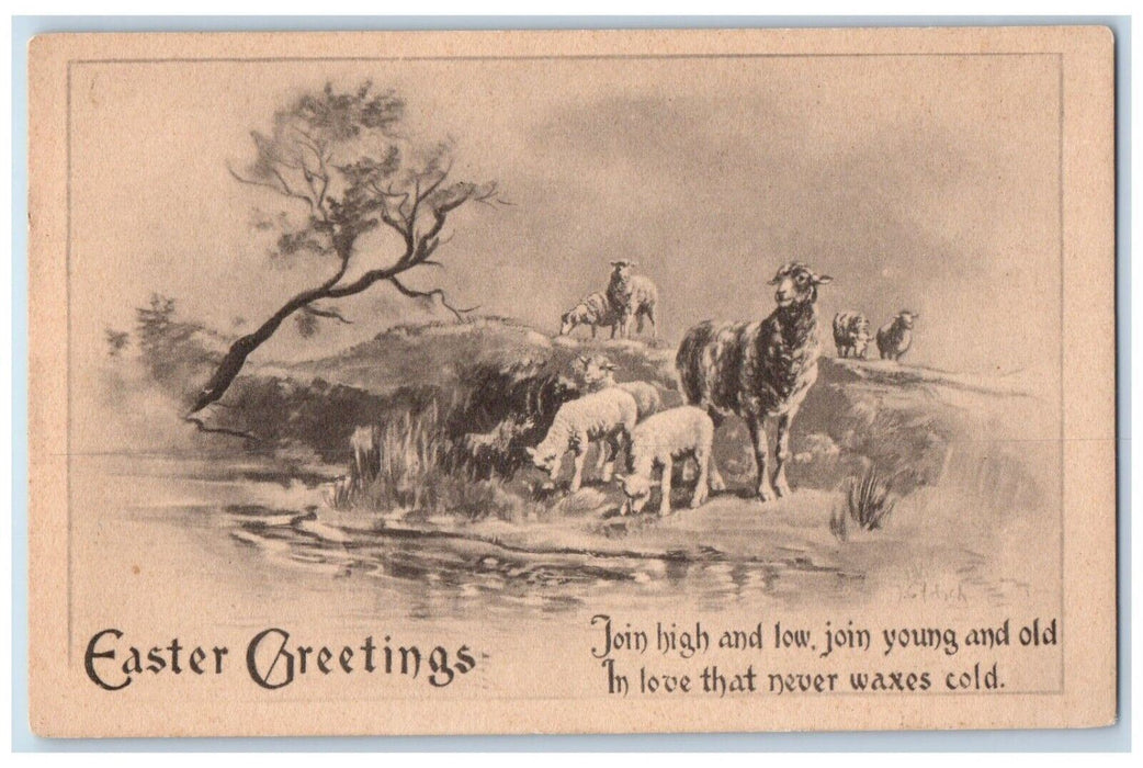 c1910's Easter Greetings Lamb Winter Trees Unposted Antique Postcard