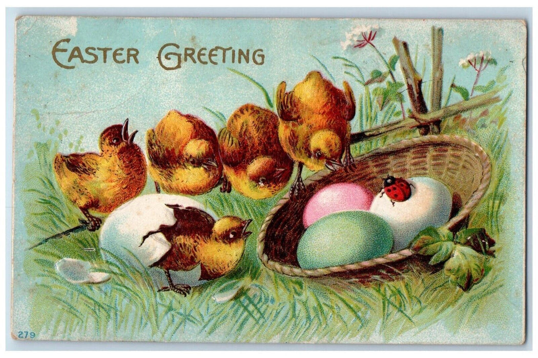 c1910's Easter Greeting Chicks Hatched Egg Ladybug Embossed Antique Postcard