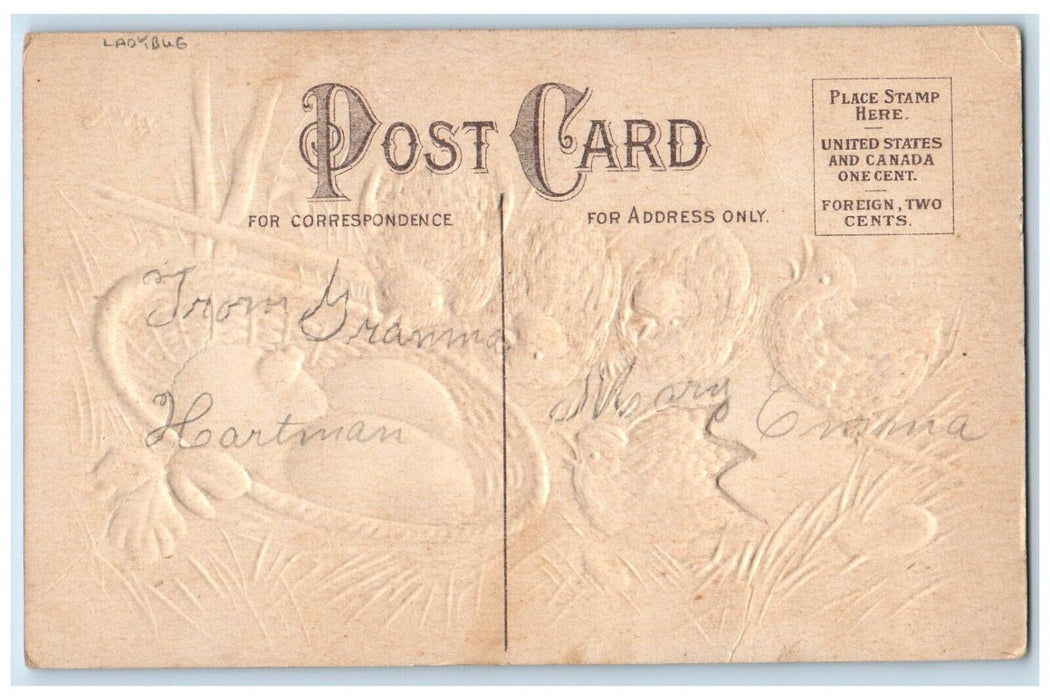 c1910's Easter Greeting Chicks Hatched Egg Ladybug Embossed Antique Postcard